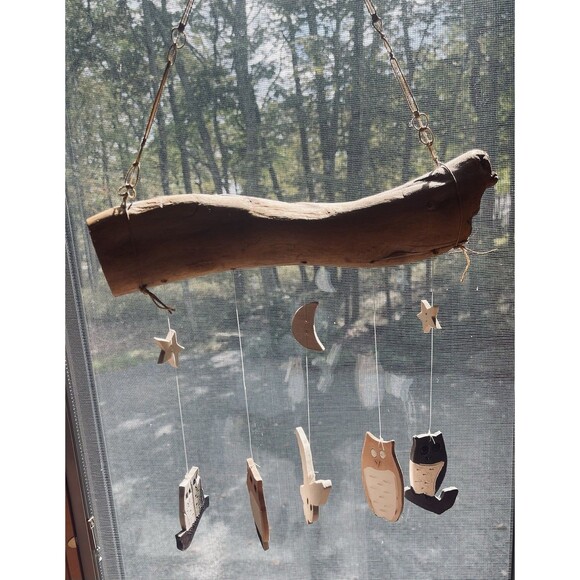 Owls Wind Chimes Driftwood Rustic Cabin Decor w/ Painted Ceramic Figs Handmade - Picture 2 of 9